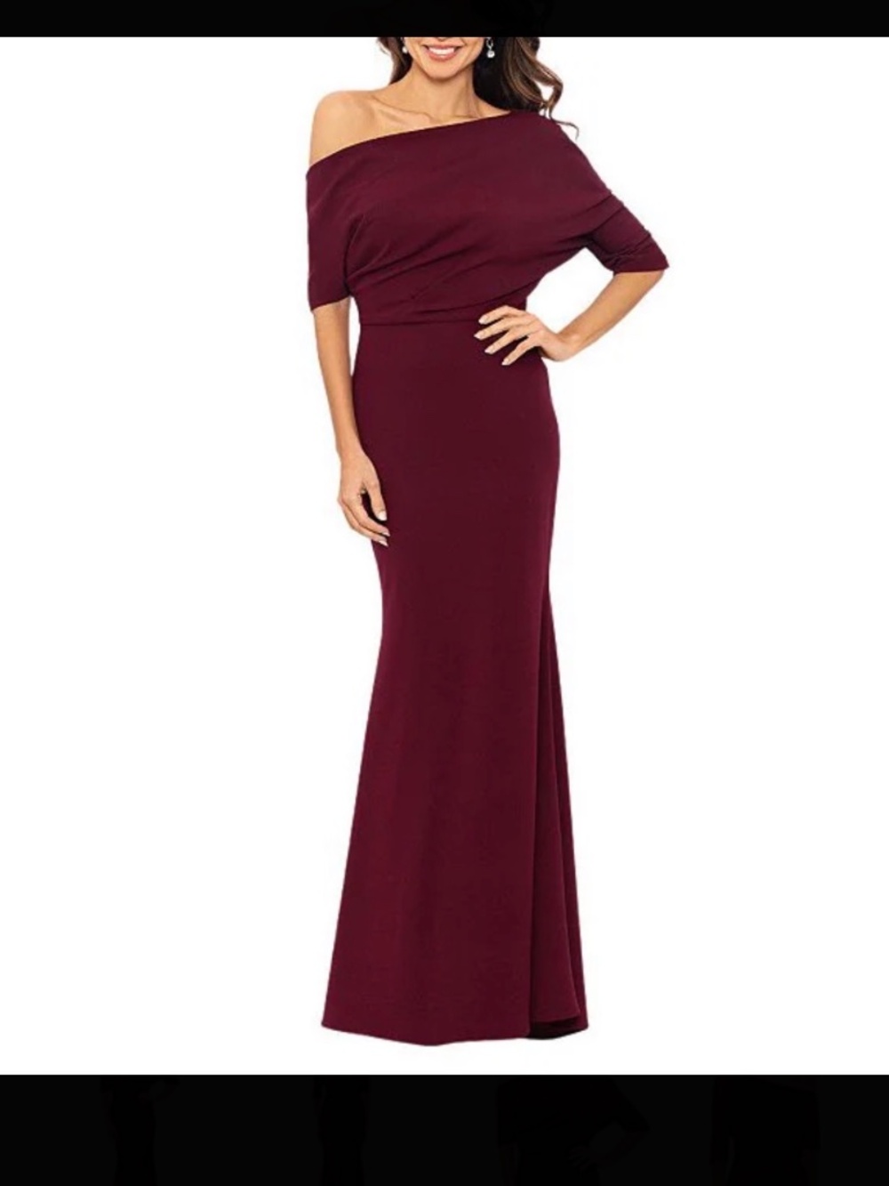 Betsy & Adam Scuba Crepe Asymmetric One Shoulder Short Sleeve Mermaid Gown